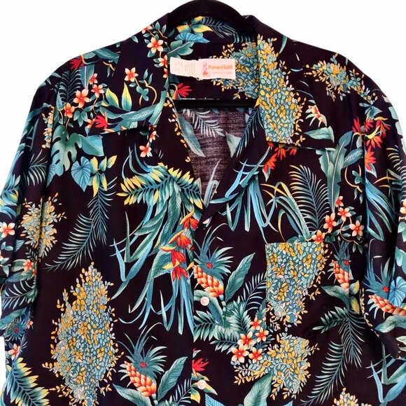 Pomare Tahiti Mens Sz XL/XXL Vtg Black Aloha Botanical Button S/S Rayon Shirt - Picture 4 of 8